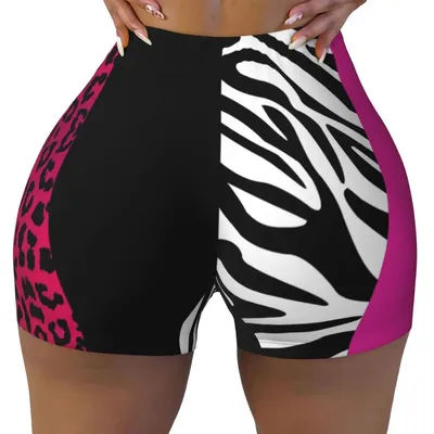 Custom Hot Pink Zebra And Leopard Animal Print Stripes Gym Running Volleyball Shorts Women's Workout Yoga Shorts