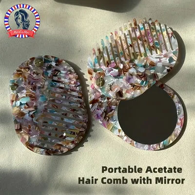 Portable Acetate Hair Comb with Mirror - Foldable Travel Makeup Mirror & Detangling Comb in 1, Elegant Pastel Pink Beige Design