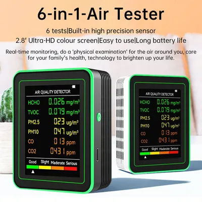 Moniteur de qualité de l'air 6 en 1 PM2.5, CO2, moniteur TVOC, détecteur de qualité de l'air, détecteur de formaldéhyde domestique multifonctionnel
