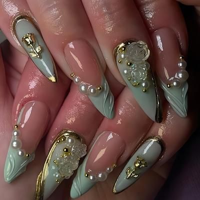 TEMU A Box Of 24 Stylish And Luxurious Three-dimensional Golden Transparent Designed With A High-end Feel, Featuring Pearl , Suitable For Girls And Women As Gifts, With Jelly Glue And A Nail File.