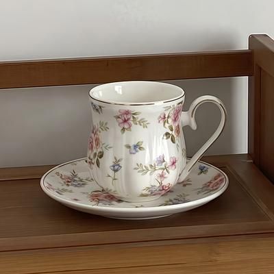 TEMU Scandinavian-style Floral Ceramic Coffee Cup And Saucer, Exquisite Afternoon Tea Mug, Suitable For Office Or Home Kitchen Use, Perfect As A Birthday Gift Or Festive Present
