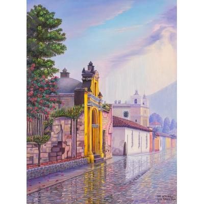 Pasos Street, Antigua,'Signed Painting of Rainy Day in Antigua de Guatemala'