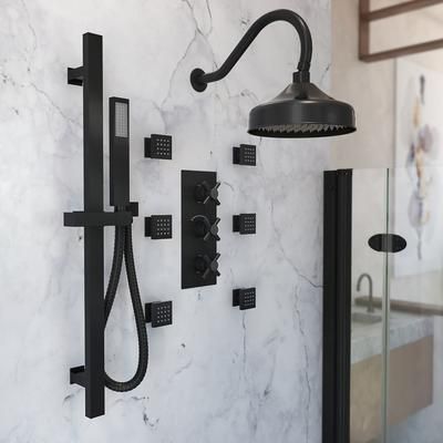 Randolph Morris Tranquil Rainfall Thermostatic Shower Set with Round Showerhead, Square Handshower, Metal Cross Valve, and 6 Sqaure Body Jets - Matte Black RMAS-3TMC-RRHGN-HSSQ-6BSQ-MB