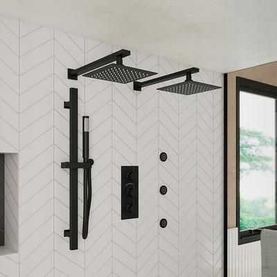 Randolph Morris Tranquil Rainfall Shower Set with 2 Wall Mount Rainfall Square Shower Heads, Round Valve, Grab Bar, Round Handshower and 3 Round Body Sprays RMAS-3TR-2SQHC-HSQ-MB