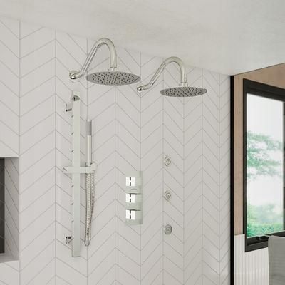 Randolph Morris Tranquil Rainfall Shower Set with 2 Wall Mount Rainfall Round Shower Heads, Square Valve, Grab Bar, Round Handshower and 3 Round Body Sprays RMAS-3TSQ-2RHC-HSQ-C