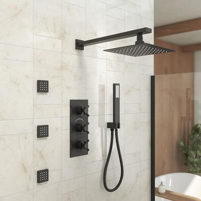 Randolph Morris Tranquil Rainfall Thermostatic Shower Set with Square Showerhead, Square Handshower, Metal Cross Valve, and Sqaure Body Jets - Matte Black RMAS-3TMC-SQH-HSQ-3BSQ-MB
