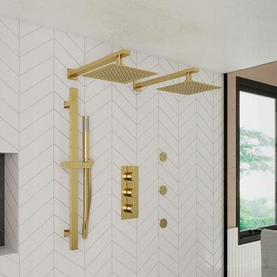 Randolph Morris Tranquil Rainfall Shower Set with 2 Wall Mount Rainfall Square Shower Heads, Round Valve, Grab Bar, Round Handshower and 3 Round Body Sprays RMAS-3TR-2SQHC-HSQ-BB