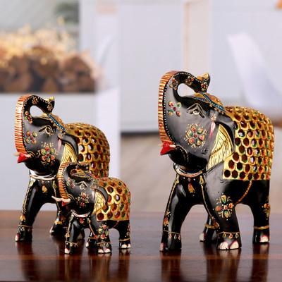 '3 Elephant-Shaped Jali Hand-Carved Painted Wood Sculptures'
