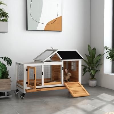 TEMU Wooden Rabbit Hutch With Wheels, Guinea Pig Cage, Small Animal House For Outdoor & Indoor With Slide-out Tray, 108 X 58 X 73.5cm