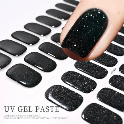 Autocollants pour ongles semi-durcis noirs français, 16 pointes, avec paillettes, Gel UV longue durée, enveloppes de vernis à ongles, couverture complète, Patch de décalcomanies pour Nail Art