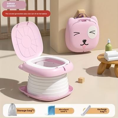 TEMU Portable Folding Kids Car Toilet - Lightweight Compact Travel Potty With 5 Absorbent Sand Bags, 1 Trash Bag & Storage Bag For Outdoor Camping, Camping Bathroom, Design, Design