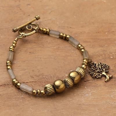 'Tree-Themed Polished Brass and Quartz Beaded Charm Bracelet'