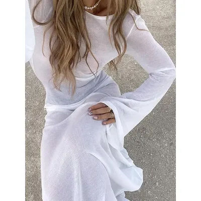 Longue robe blanche transparente, dos nu, taille haute, épissée, manches longues, couleur unie, tenue de plage, été