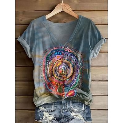 Per donna Maglietta Floreale Grafico Piante Vintage Elegante Classico Manica Corta Scollo a V Top Regolari Quotidiano Stampato Nero Giallo Blu Blu turchese Viola Estate Primavera