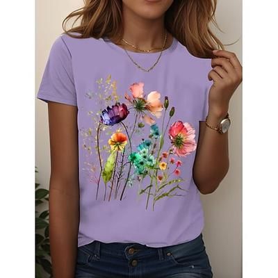 Per donna Maglietta Floreale Grafico Piante Vintage Elegante Classico Manica Corta Girocollo Top Regolari Quotidiano Uscire Weekend Stampato Nero Bianco Rosa Blu Azzurro cielo Estate Primavera Autunno