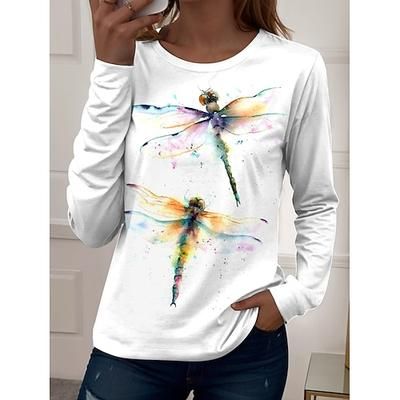 T-shirt da donna manica lunga a girocollo tunica grafica animale piante vintage stiloso casual top regolari per uso quotidiano stampa giallo rosa verde autunno