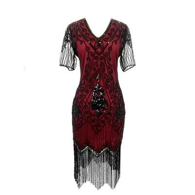 Anni Ruggenti Anni 1920 Lunghezza al ginocchio Vestito Abito Flapper Abito da Ballo Maniche corte Il grande Gatsby Charleston Invitato al matrimonio Paillettes Frangia con nappe Scollo a V Costume
