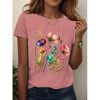 Per donna Maglietta Floreale Grafico Piante Vintage Elegante Classico Manica Corta Girocollo Top Regolari Quotidiano Uscire Weekend Stampato Nero Bianco Rosa Blu Azzurro cielo Estate Primavera Autunno