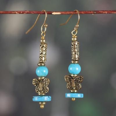 'Antique-Finished Butterfly-Themed Resin and Brass Earrings'