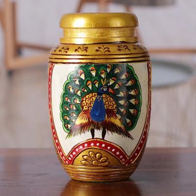 'Classic Peacock-Themed Golden Kadam Wood Pen Holder'