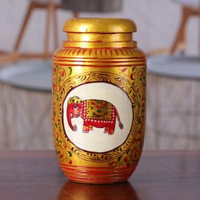 'Classic Elephant-Themed Golden Kadam Wood Pen Holder'