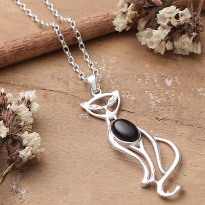 Mystic Cat,'Whimsical Cat-Shaped Black Onyx Silver Pendant Necklace'
