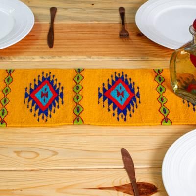 'Diamond-Themed Marigold 100% Wool Table Runner from Mexico'