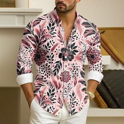 Per uomo Foglia Piante Fiori tropicali Camicia Camicia button-down Camicie hawaiane Manica Lunga Hawaiano All'aperto Vacanza Ferie Estate Primavera Collo ripiegato Stampa 3D camicie con colletto Rosa
