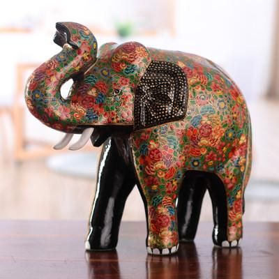 'Hand-Painted Floral Papier Mache and Wood Elephant Sculpture'