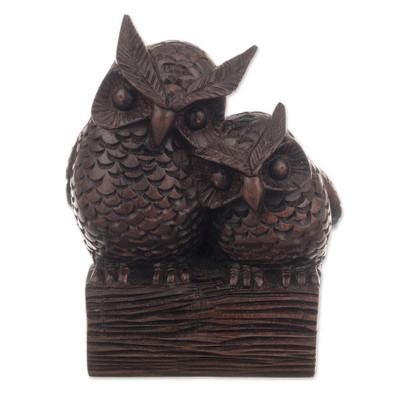 'Hand-Carved Rustic Cedarwood Figurine of Two Owls from Peru'