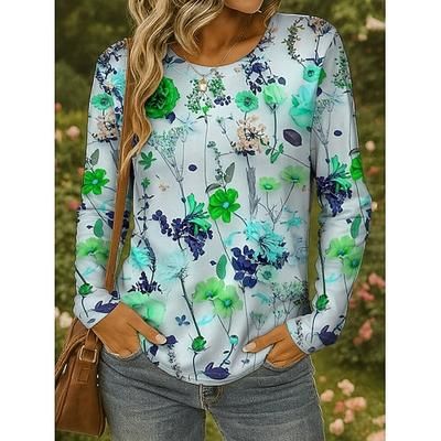 T shirt donna manica lunga girocollo tunica grafica floreale piante vintage elegante classica girocollo top regolari stampa quotidiana giallo rosso blu viola verde autunno prefal
