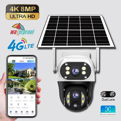 Camera 360° Field of View Solar 4G IP Surveillance Camera 8MP Dual Lens Cell Phone Remote Outdoor Wireless Plugless Monitor CCTV