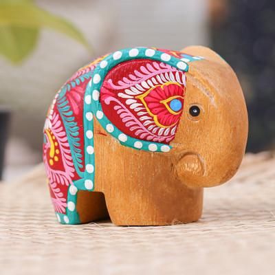 'Thai-Made Floral Painted Raintree Wood Elephant Figurine'