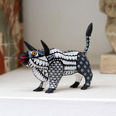'Mexican-Made Black and White Wood Alebrije Bull Sculpture'