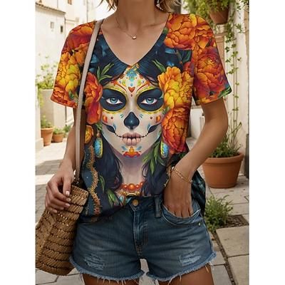 T-Shirt da Donna Teschi Grafica Floreale Vintage Elegante Classica Maniche Corte V Collo Top Normali Quotidiani Stampa Nero Arancione Grigio Estate Primavera