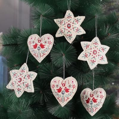 Rustic Romance,'6 Embroidered Heart and Star Wool Felt Christmas Ornaments'