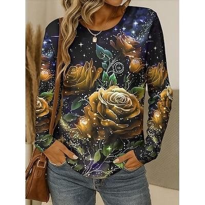 T-shirt da donna con maniche lunghe girocollo maniche lunghe tunica grafica floreale piante vintage elegante classica collo rotondo tops regolari stampa gialla rossa blu viola verde autunno