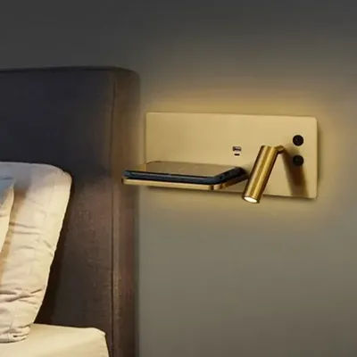 Applique murale multifonction avec téléphone Led, chargeur sans fil, étagère, éclairage de nuit, Table, lit, lecture, chambre à coucher, hôtel, chevet, USB