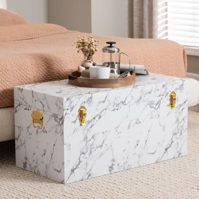 Brenta Storage Trunk with Lift-Top Lid - Decorative Organizer Chest with Faux Marble Effect by Baxton Studio in Marble White (Size OS)