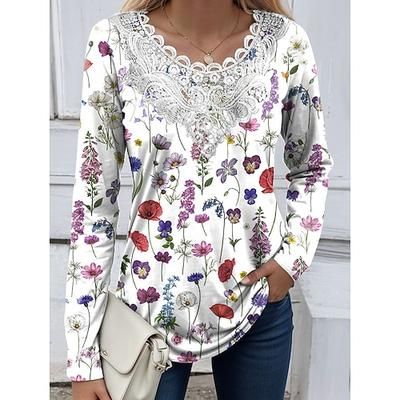 Blusa da donna tunica con pizzo e splicing collo a V maniche lunghe grafica floreale piante vintage casual girocollo tops regolari uscita weekend stampa patchwork in pizzo bianca rosa viola verde