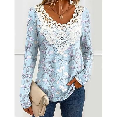 Blusa donna tunica pizzo cucito scollo a V manica lunga grafica floreale piante vintage girocollo top regolari quotidiani uscita weekend stampa pizzo nera rossa azzurro polveroso verde primavera