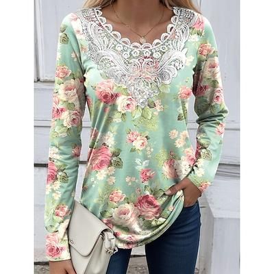 Blusa donna tunica pizzo cucito scollo a V manica lunga grafica floreale piante vintage girocollo top regolari quotidiani uscita weekend stampa pizzo nera rossa azzurro polveroso verde primavera