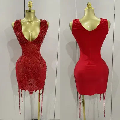 Luxury Birthday Outfit Sparkly Rhinestone Mesh See Through V Neck Dress Women Sexy Performance Evening Party Club Stage Costume