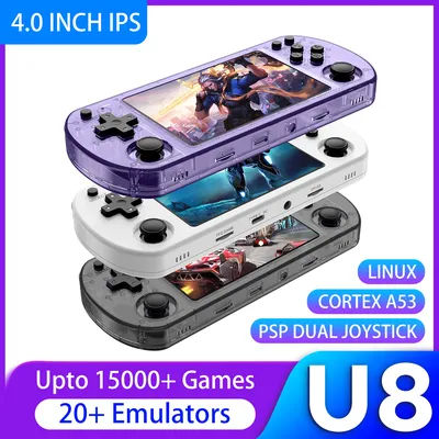U8 Open Source Retro Handheld Video Game Console 4.0-inch IPS Screen 64/128GB 15000+Games Portable Pocket Video Player Gift