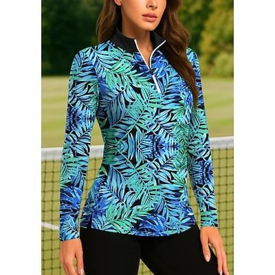 Per donna Piante Tropicale Motivo Floreale Top Polo da golf Maglia da tennis Manica Lunga Stampato Zip a un quarto Pullover UPF50 Protezione UV Elastico Traspirante Tennis Golf Pickleball Collo alla