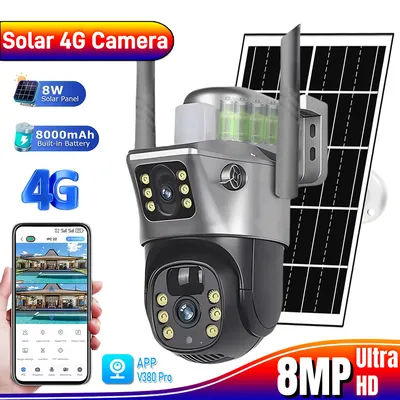 Solar 4G Camera Dual Lens PIR Human Detection Night Vision Waterproof Security Video IP Camara 8MP 4K Battery CCTV Monitor V380