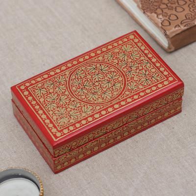'Hand-Painted Red Gold Papier Mache Wood Leaf Decorative Box'