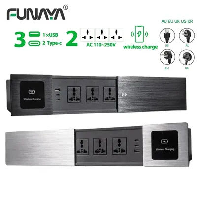 Universal Built-in Table Socket Slide Cover with USB Type-c Recessed Desktop Electrical Socket EU UK AU US Plug Wireless Charger