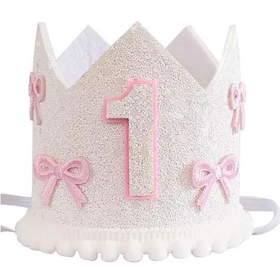 1PC1 year old crown birthday hat pink ribbon baby girl happy birthday party decoration photo shoot props