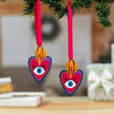 'Handmade Divine Eye-Themed Hand-Painted Wood Ornament Pair'